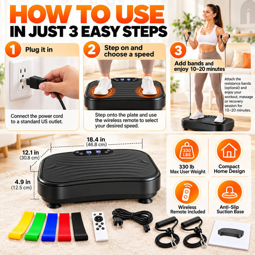 Whole Body Vibration Plate Exercise Machine – 99 Speed Levels, 5 Preset Programs, Resistance Bands Included, Supports 330 lbs, Quiet Vibration Platform for Home Fitness, Toning & Recovery